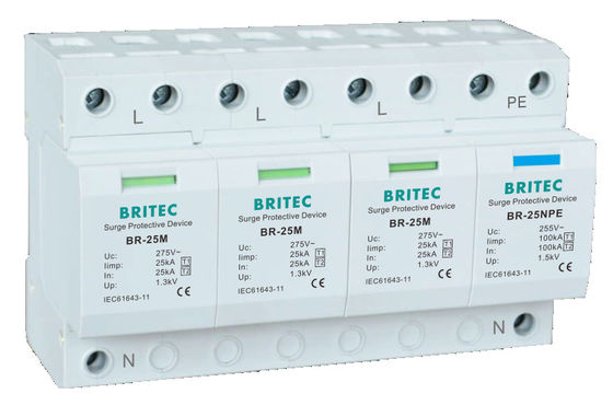 BR-25M 3P+1NPE 25kA T1+T2 varistor arrester B+C baixa tensão 3 fase AC Spd protetor de raios