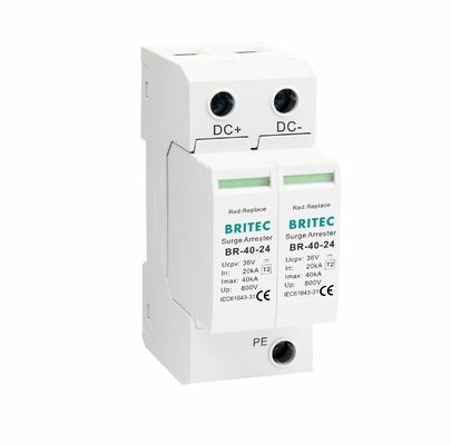 BR-40-24 T2 Dispositivo de protecção contra sobretensões de corrente contínua 40kA 24V SPD com gabinete UL94-V0 termoplástico para sobretensões de energia