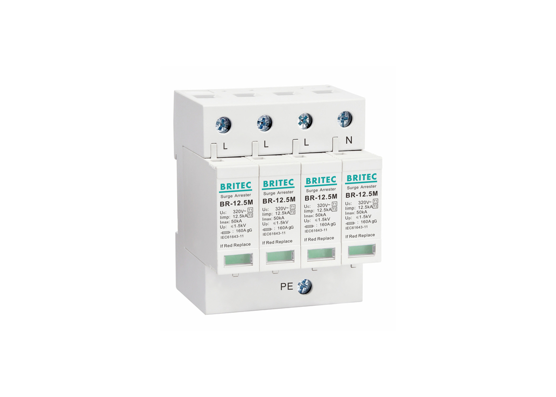 12.5kA Tipo 1+2 320V 4P Protector contra sobretensões domésticas Proteção contra raios