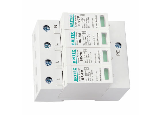 AC Power Iimp 7KA 4P T1+T2/Classe B+C 3 Fase Industrial Power Surge Protector, 275V Din Rail Mount Thunder Arrester
