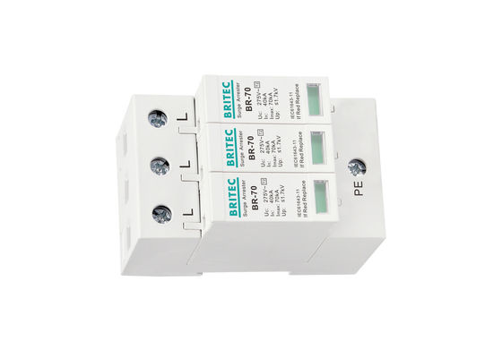 Dispositivo de Proteção contra Surtos Trifásico Tipo 2 Corrente Máxima de Descarga de 70kA Termoplástico Retardante de Chamas UL94-V0