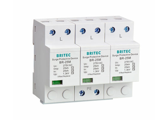 Protector contra ondas de raio de 275V com 25KA Iimp e DIN Rail Mount para proteção de energia de 3 fases
