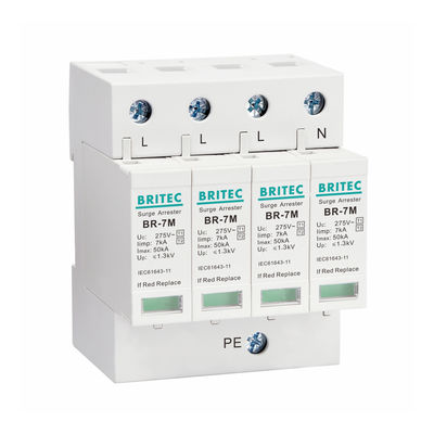 AC Power Iimp 7KA 4P T1+T2/Classe B+C 3 Fase Industrial Power Surge Protector, 275V Din Rail Mount Thunder Arrester